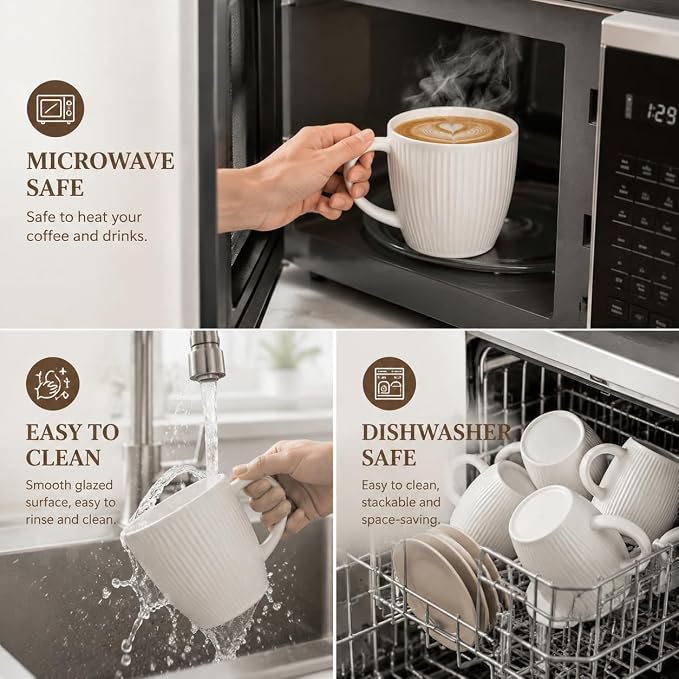 Ceramic Coffee Mug Set of 4,14 oz Vertical Striped Texture Tea Cups | White Porcelain Mugs with Handle for Latte, Cappuccino, Milk, Microwave & Dishwasher Safe, Wedding & Housewarming Gift - Image 4