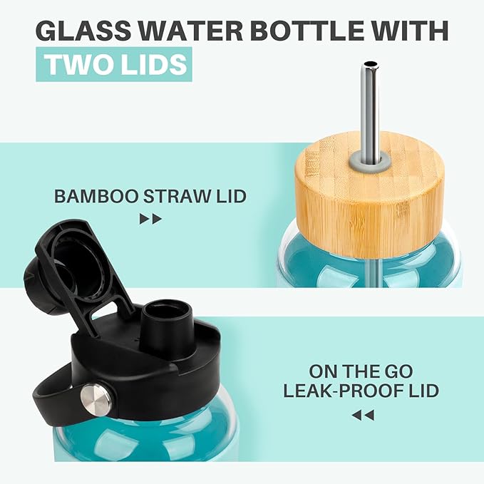 PROBTTL Glass Water Bottles, 1 Liter Glass Tumbler, Borosilicate Water Bottle with Straw, Silicone Sleeve, 2 Lids - Handle Spout & Bamboo Straw Lid, Fits Car Cup Holder (Aqua, 40 Ounces)