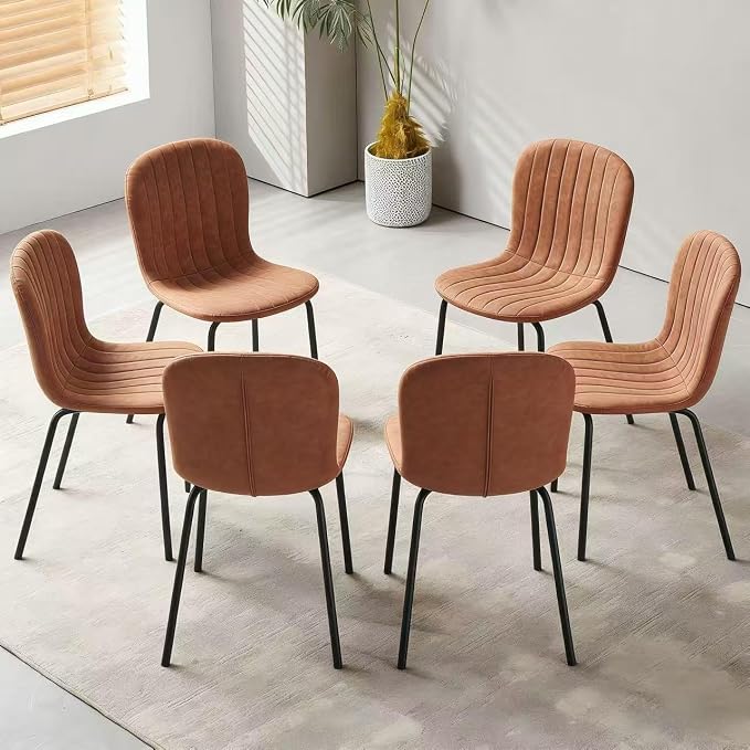 Small Dining Chairs Set of 6, Modern Mid Century Faux Leather Dining Room Chairs with Black Metal Legs, Kitchen Home Living Room Restaurant Apartment, Space-Saving, Brown - Image 5