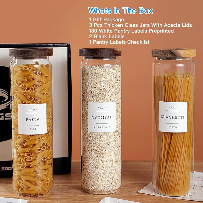 CZZGSM 3 Set Glass Pantry Storage Jars with Acacia Airtight Lid - 50oz Thicken Glass Kitchen Canisters with 132 Pantry Labels - Tall Food Storage Containers with Wood Lid for Pasta,Spaghetti,Cereal - Image 2