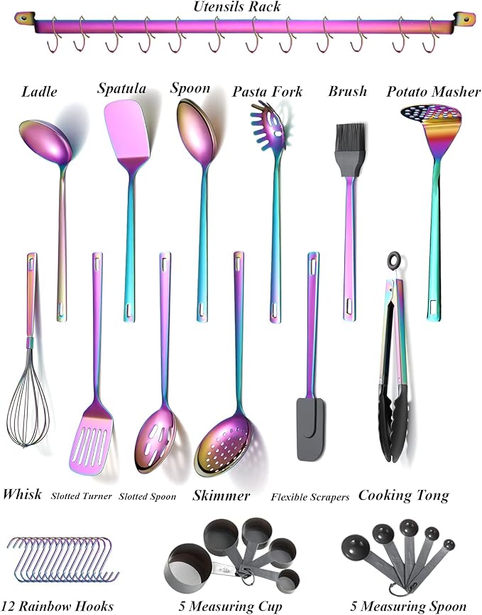 Rainbow Cooking Utensils Set, Kyraton Stainless Steel 37 Pieces Kitchen Utensils Set with Titanium Colorful Plating, Kitchen Tool Gadgets Set with Utensil Rack Heat Resistant Dishwasher Safe - Image 2