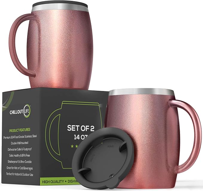 Stainless Steel Insulated Coffee Mugs Set of 2 (14 oz) – Double Wall Coffee Cups with Spill-Resistant Lid and Strong Handle, Shatterproof Cups for Cold Drinks & Hot Beverages - Rose Gold by CHILLOUTLIFE