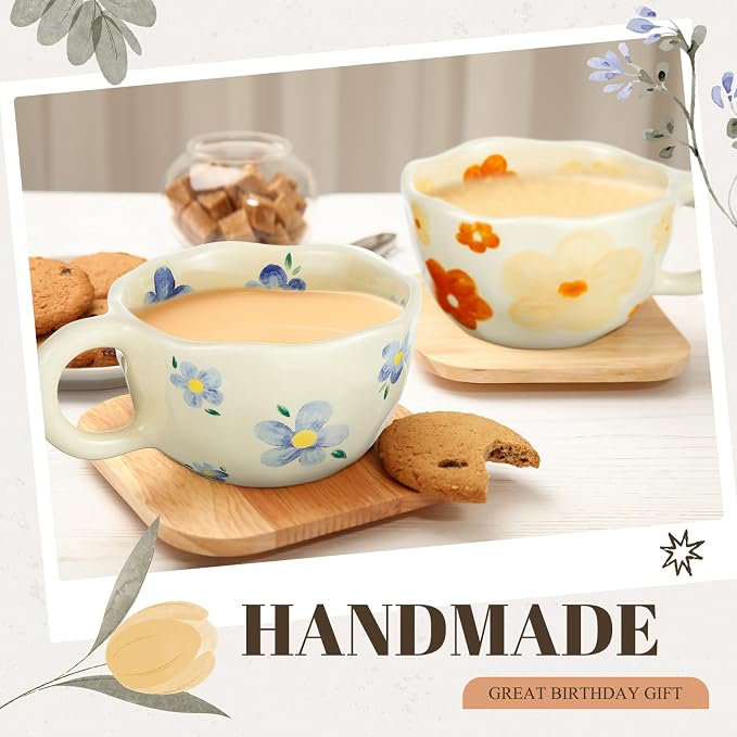 Vesici 4 Pack Ceramic Flower Coffee Mug with Spoon 8.5 oz, Cute Aesthetic Tea Cups with Handle for Tea, Milk, Latte Mugs for Coffee Bar Women Birthday Housewarming Gifts, Dishwasher Microwave Safe - Image 7
