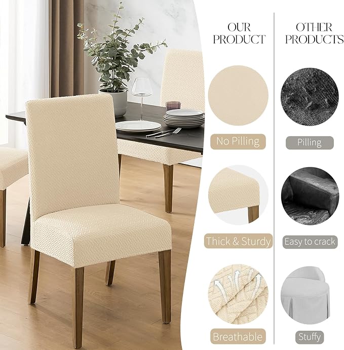 MOSAYT 100% Waterproof Dining Room Chair Covers Set of 6, Super Fit Stretch Jacquard Parson Chairs Slipcovers Removable Washable Chair Seat Protectors for Home, Kitchen, Banquet (Beige) - Image 4