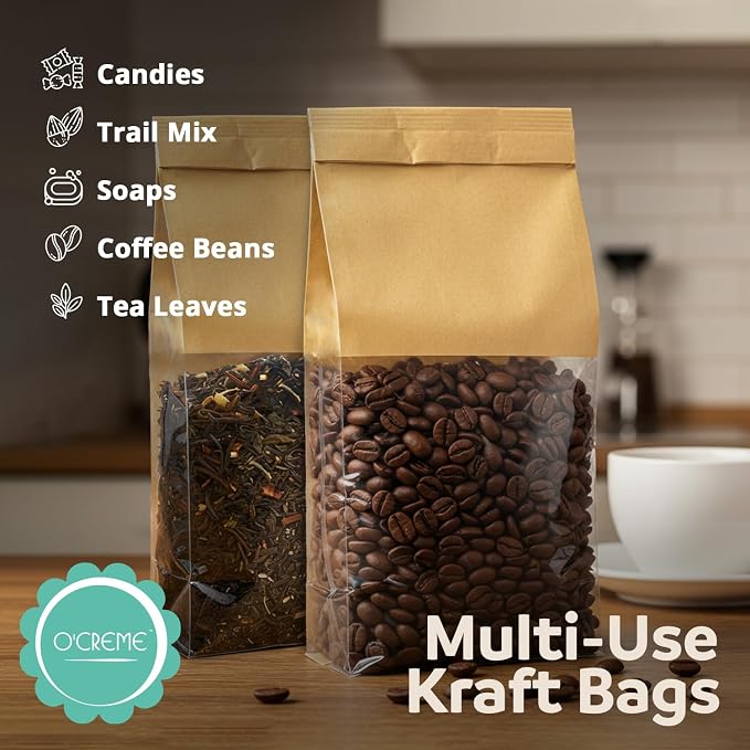 O’Creme 50 Pcs. Small Bakery Bags with Window, Cookie Bags Brown Paper Bag with Resealable Tin Tie Tab for Cookies, Treats, Baked Goods, Muffins, Pastries, Granola, Coffee Beans (11”x5”x4”) - Image 7