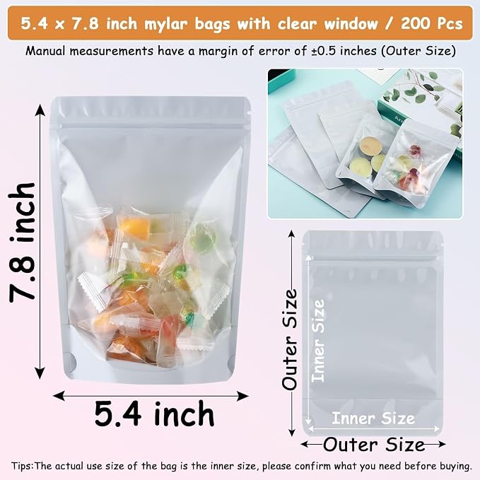 200 Mylar Bags for Food Storage 5X8 Mylar Bags with Window Candy Packaging Resealable Bags White Stand Up Pouches Edible Packaging for Small Business - Image 5