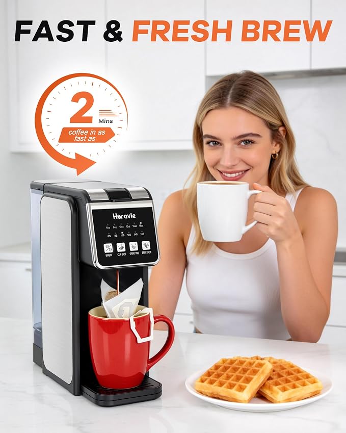 Horavie Single Serve Coffee Maker with Built-in Grinder, Fast Brew 6-16oz Single Cup for Whole Beans, Grounds, K Pod, Grind and Brew Coffee Maker with 47oz Water Tank, Descaling Alert, Black - Image 4