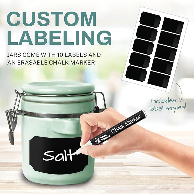 Home Intuition 4-Piece Ceramic Kitchen Canisters Set, Airtight Containers with Wooden Spoons Reusable Chalk Labels and Marker for Sugar, Coffee, Flour, Tea (Mint) - Image 2