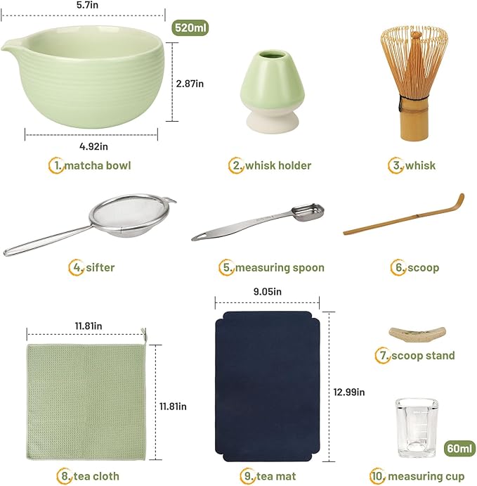 Matcha Whisk Set, Matcha Kit 10-Pcs, Bamboo Whisk and Ceramic Bowl with Spout & Measuring Spoon & Cup, Japanese Ceremony Matcha Tea Making Tools