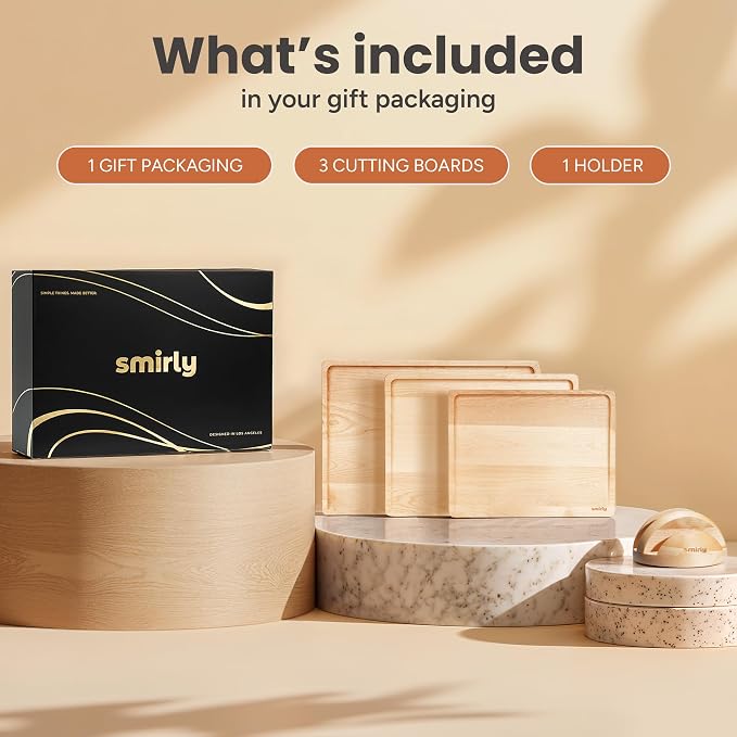 SMIRLY Cutting Boards for Kitchen, 3 Piece Birch Cutting Board with Stand | Non Toxic Wooden Cutting Board with Juice Grooves and Handles, Multiple Sizes Chopping Boards for Meat Vegetable Charcuterie - Image 7