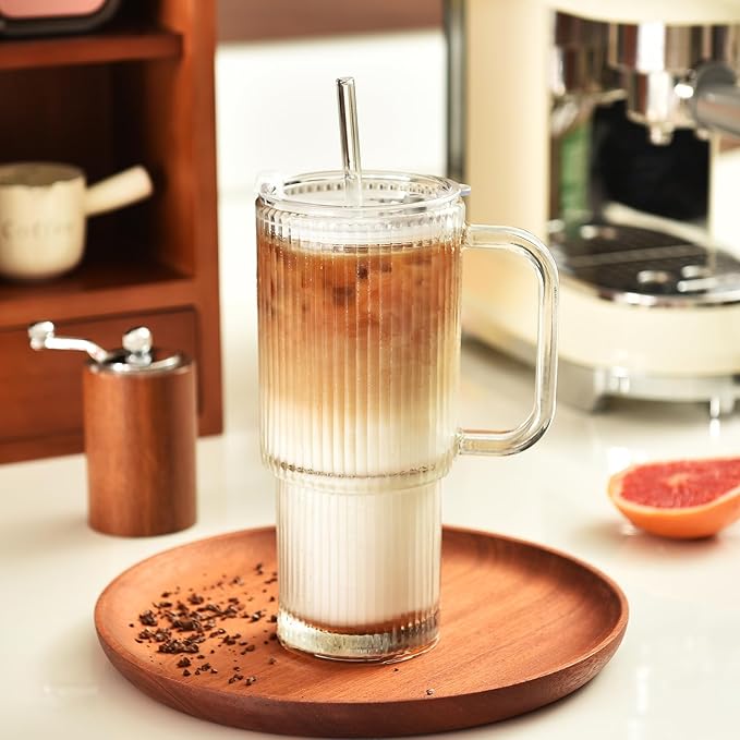 ALINK 26 oz Ribbed Glass Tumbler with Handle Lid and Straw, 2 Pack Ripple Large Iced Coffee Cups with Straws, Aesthetic Glass Travel Tumbler for Hot & Cold Beverages, Smoothies, Tea and Juice - Clear
