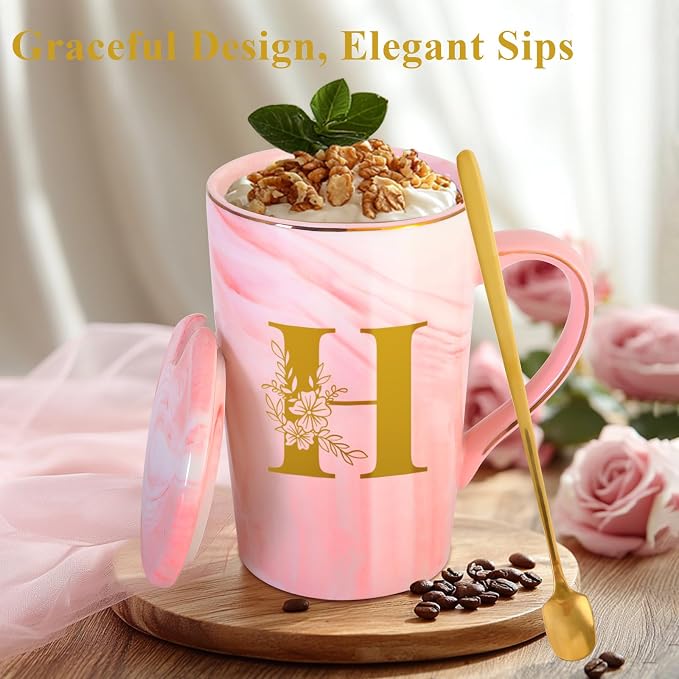 Personalized Ceramic Coffee Mug with Lid Gifts Tea Cup Brides for Her Wedding Day Bridal Shower Bachelorette Party Engaged Engagement Cute Personalized Unique Cool Special Customized Best Present,H - Image 3