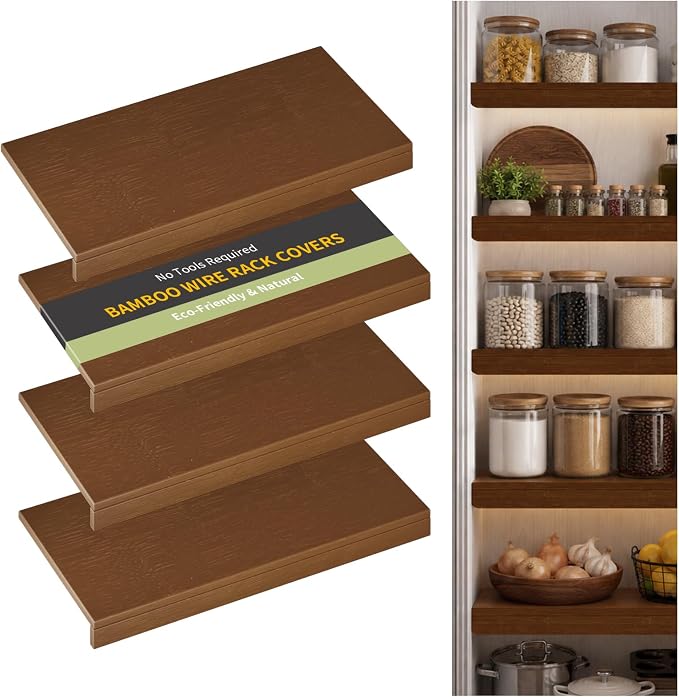 Wire Shelf Covers, Bamboo Wire Rack Covers for Pantry, Closet，Kitchen (4pcs, 32" W x 16" D, Walnut) by ClimbHope
