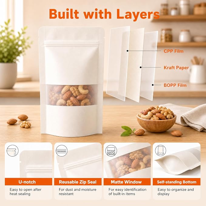 100 Pcs White Kraft Paper Bags with Window, 6.7" x 9.4" Stand Up Pouches Bags, Food Storage Bags for Packaging Products, Reusable, Sealable - Image 4