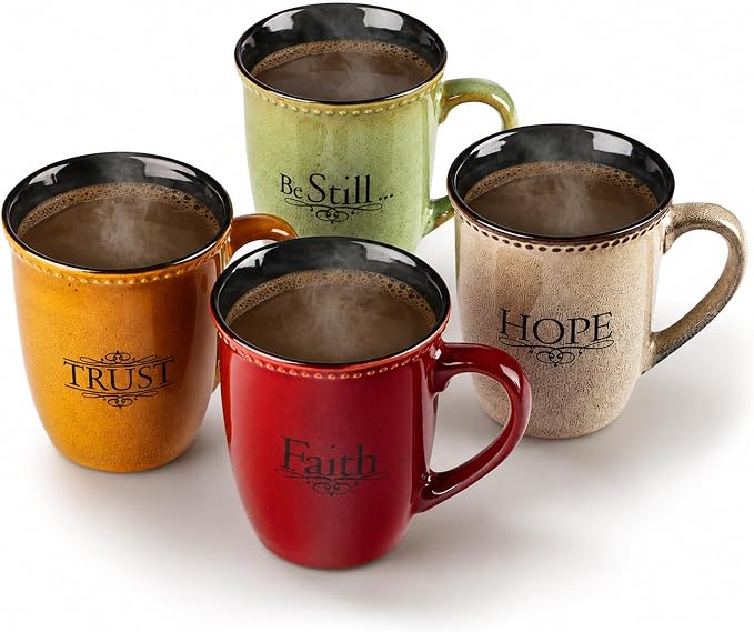 Christian Art Gifts Set of Four Rustic Stoneware Coffee/Tea Mugs w/Bible Verses Sage Green, Ivory, Paprika Red, Pumpkin Orange Inspirational Coffee/Tea Cup for Men and Women by ChristianArtGifts