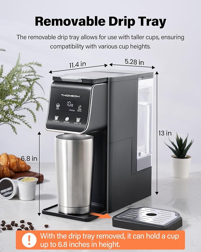 K Cup Coffee Maker, Single Serve Hot & Iced for K-Cup & Grounds | 52oz Removable Reservoir, Single Cup Coffee Maker with Bold Setting, 6-14oz Brew Sizes, Reusable Filter, Compact Design, Gray - Image 7