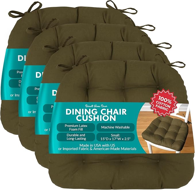 Barnett Home Decor Chair Cushions for Dining Chairs - 15x17 Kitchen Chair Cushions - Machine Washable, 100% Cotton, Made in USA - Latex Foam - Cotton Duck Boxwood Green Small Pack of 4 by BarnettHomeDecor