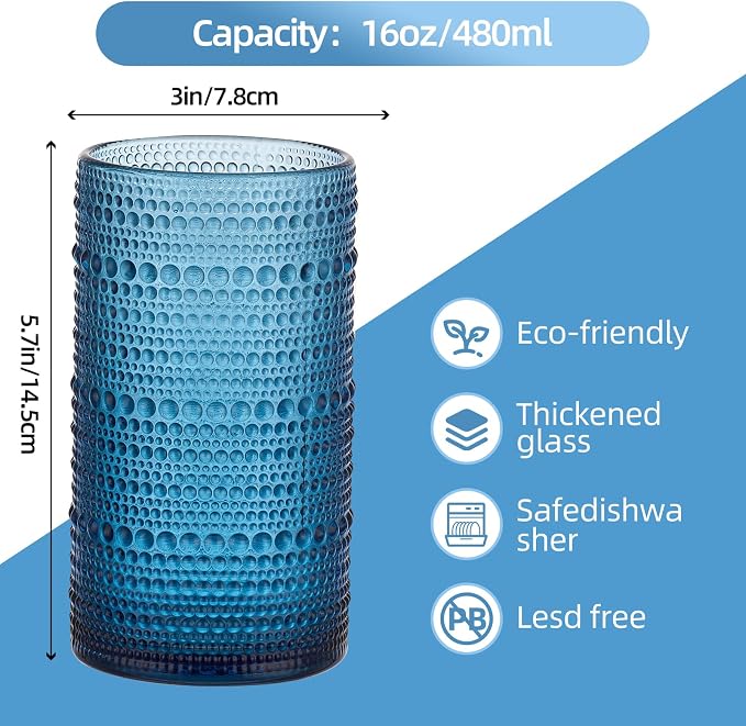 16oz Hobnail Drinking Glasses, Set of 6 Blue Tumblers | Vintage embossed large capacity highball glasses for water, cocktail, beer, whiskey, juice and bar use - Image 2