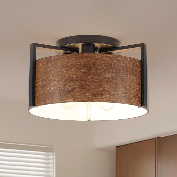 15'' Farmhouse Semi Flush Mount Ceiling Light, 3-Light Rustic Hallway Entryway Light Fixtures, Metal Wood Grain Finish Close to Ceiling Lights for Kitchen Dining Room Bedroom Living Room Foyer by YCZHCC