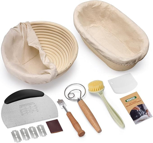 Sourdough Starter Kit, 9" Round & 10" Oval Sourdough Bread Baking Supplies Banneton Proofing Bread Baskets Set, Sourdough Tools Kit for Beginner and Professional Bakers, Bread Making Tools