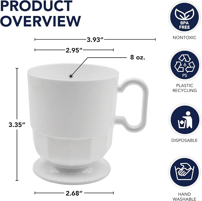 Party Essentials 8-Ounce Hard Plastic Coffee Cup/Tea Mug with Handle, 20-Count, Deluxe White - Image 2