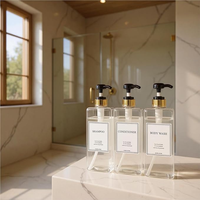 Modern Gold Design Large 27 oz Shampoo and Conditioner Dispensers - Empty Plastic Refillable Pump Bottle Set for Bathroom Shower Soap Dispenser, Includes 6 Waterproof Labels, et of 3 (Clear & Black)