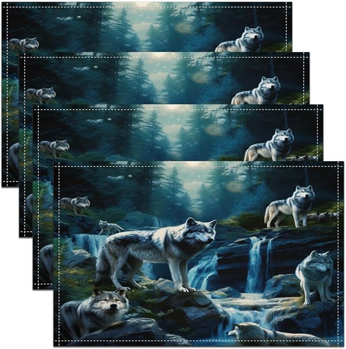 Feelyou Wolf Placemats Set of 4, Wolves Howling Table Place Mats for Kids Silent woles Placemat Animal Wolves Indoor Outdoor Decor Table Mats Washable 18"x12" by Feelyou