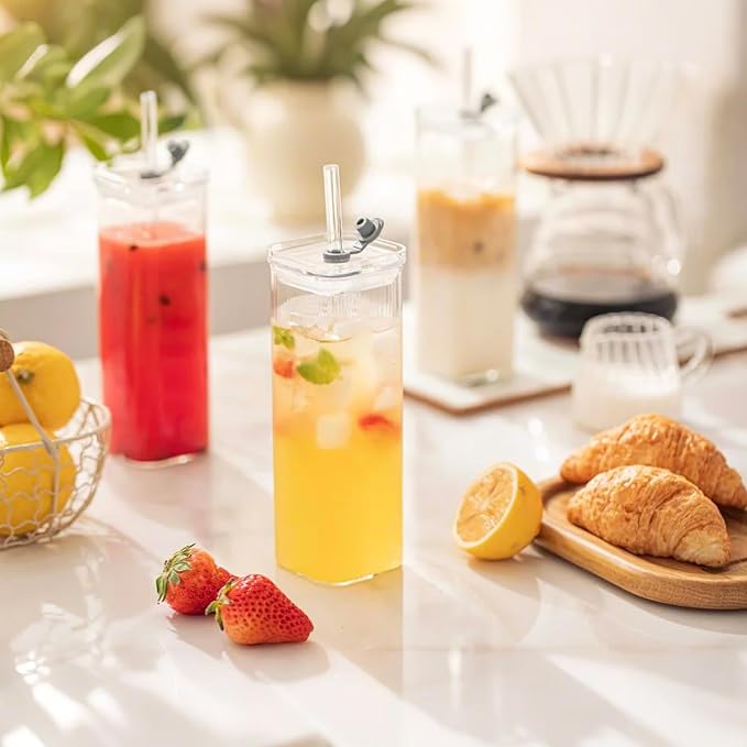 KEMORELA 12 Sets Square Drinking Glass Cups with Lids & Straws, 17 Oz Clear Highball Glasses for Cocktail, Iced Coffee, Juice, Beer - Modern Glass Tumblers - Image 7