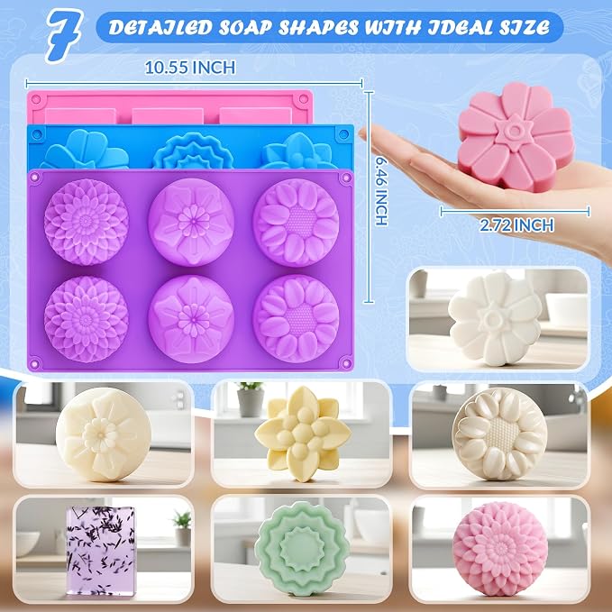 HKNMTT Square Flower Rectangle Bar Molds Silicone, 7 Shapes for Chocolate Soap Making Shower Steamer Homemade Bath Bomb Lotion Shampoo Bar Dessert DIY Set Non-stick Craft Food Grade 3 Pack - Image 3