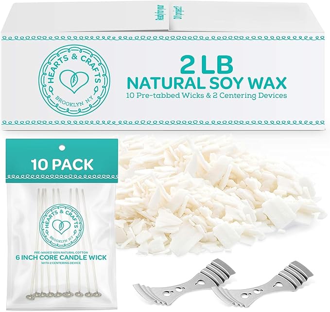 Hearts & Crafts Soy Wax for Candle Making 2lb Kit - Includes 10 Wicks & 2 Metal Centering Devices - Candles Wax and Wicks Set for DIY Candles Projects, Crafting, and Professional Candle Makers