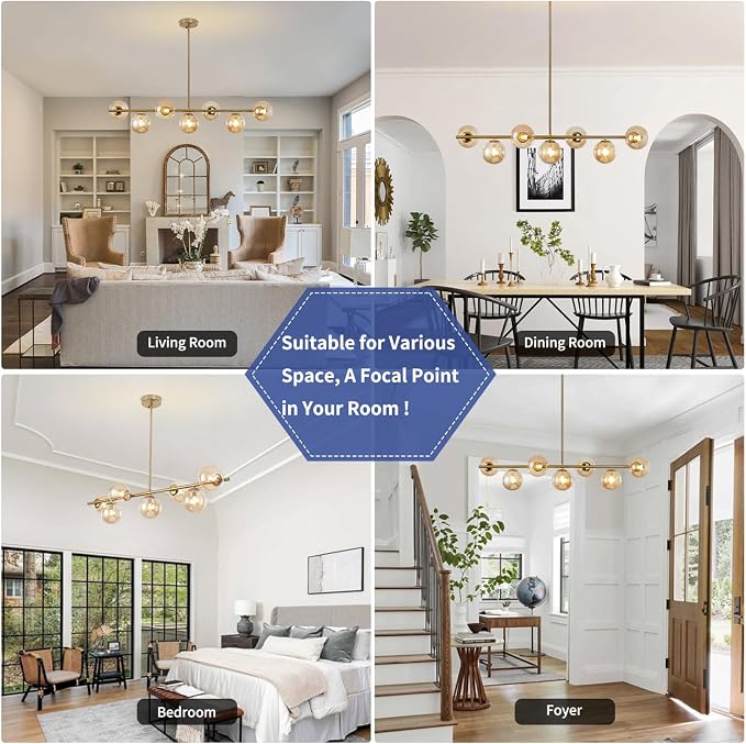Modern Linear Sputnik Chandelier, Gold Pendant Light Fixture with 7 Amber Glass Globes for Dining Room Light Fixture, Kitchen Island Lighting, Living Room Chandelier, Bedroom, Foyer - Image 2