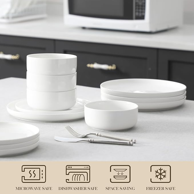 MALACASA Plates and Bowls Sets, 24 Pieces Modern Porcelain Dinnerware Set for 8, Ceramic Dishware Dishes White Kitchen Dinner Dining Ware Set, Microwave and Dishwasher Safe, Series LUNA | Modern Ceramic Dishware,Kitchen Dining Ware,Microwave and Dishwa... - Image 4