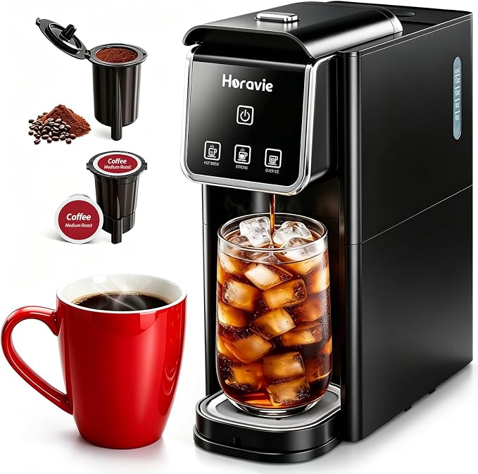Horavie Hot and Iced Single Serve Coffee Maker, for K-Pod and Grounds, Strong Brew Setting, 6-12 Oz Brew Sizes One Cup Coffee Maker for Home, Travel, RV, Office and Dorm, Black by Horavie
