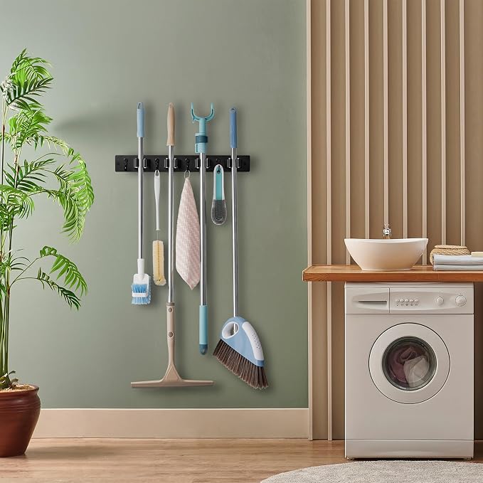 OUTNILI Black Mop Broom Holder Wall Mount with 4 Slots & 4 Hooks - Rustic Wood Broom Mop Hanger for Pantry Closet Laundry Room Organization - Heavy Duty Garden Tool Organizer - Black Kitchen Decor - Image 5