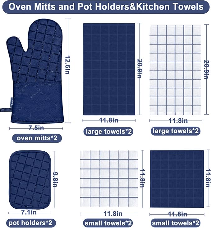 Oven Mitts Pot Holders Sets/Kitchen Towels and Dishcloths, Oven Gloves Kitchen Dish Towels 500 Degree Heat Resistant Potholders with Non-Slip Silicone Surface for Cooking, Grilling, Baking-Marine Blue - Image 2
