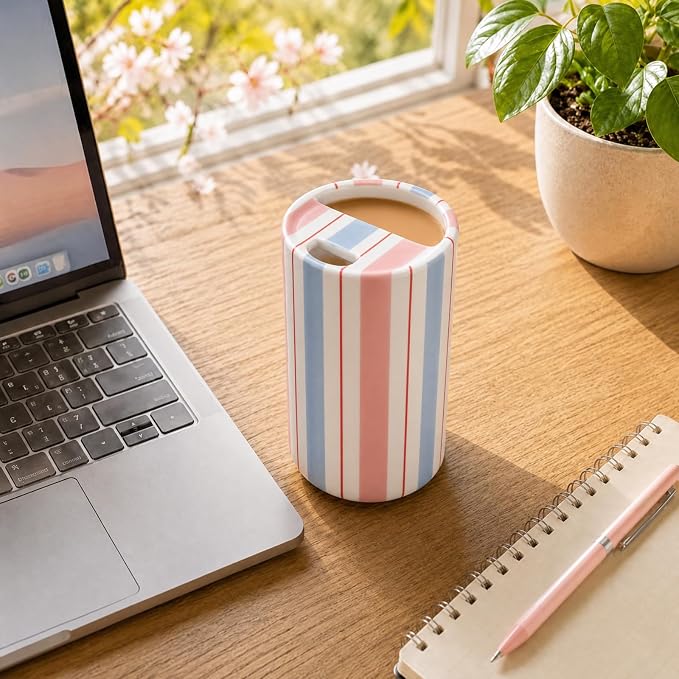 Large Ceramic Coffee Mug with Sip Hole, 17 oz Pastel Candy Stripe Ceramic Travel Mug Cup with Straw and Cleaning Brush for Kitchen Dining Travel Tea Milk Coffee Lovers Gift for Women - Image 6