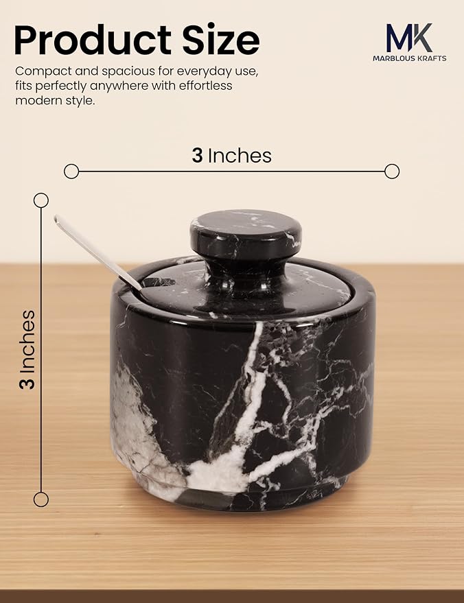 MARBLOUS KRAFTS Marble Salt Cellar Set of 2 with Spoon and Lid, 3 Inch Black Zebra Handcrafted Stone Salt Container for Kitchen Countertop, Seasoning Jar, Salt Dish, Fleur de Sel Holder, Gift Set - Image 3