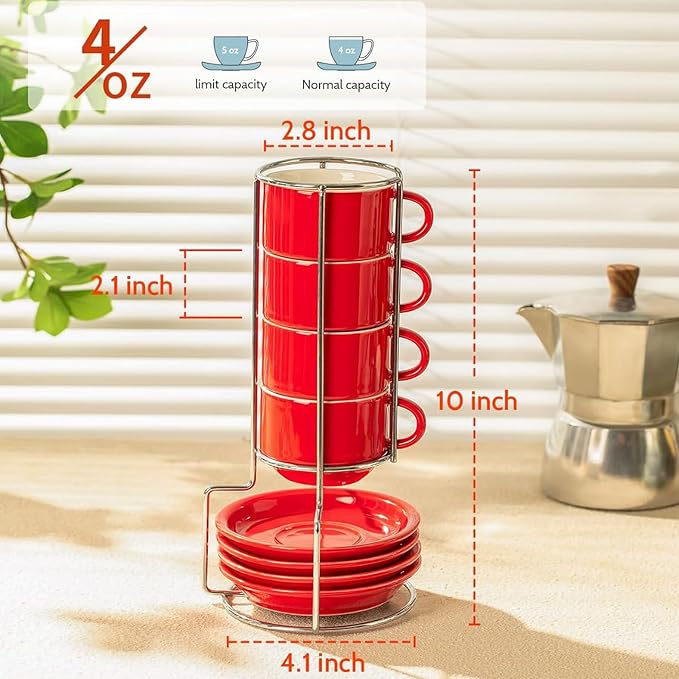 Sweese 4 Ounce Porcelain Stackable Espresso Cups with Saucers and Metal Stand Set of 4, Red - Image 6