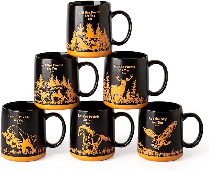 AmorArc 18oz Large Coffee Mugs Set of 6, Ceramic Coffee Mugs with Animal Wildlife Textured Patterns for Tea Latte Cocoa. Easy to Hold&Clean, Dishwasher&Microwave Safe, Matt Black by AmorArc