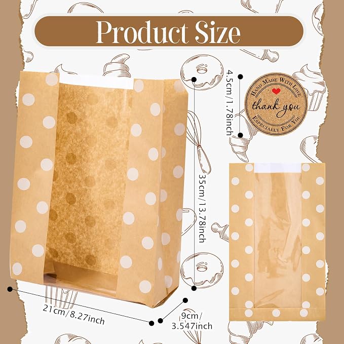Feifeiya 100 Pack Kraft Paper Bread Bags for Homemade Sourdough Bread with Window & Stickers, 13.7x8.3 Large Bakery Bags for Loaves Greaseproof Food Packaging for Baking Gifts, Brown(Classic) - Image 2