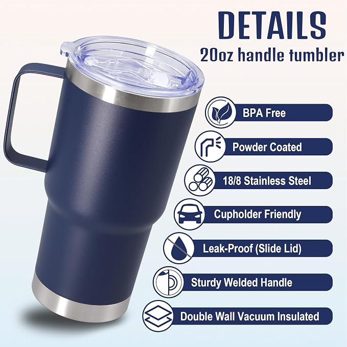 20 oz Tumbler with Handle and Lid Insulated Travel Coffee Mug Navy 12P | Stainless Steel Tumbler, coffee tumbler with handle,Spill Proof Double Wall Vacuum Tumbler Cup Keep Drink Hot & Cold - Image 3
