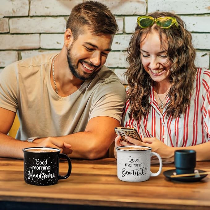 YHRJWN His and Hers Gifts, Good Morning Beautiful & Handsome Coffee Mug, Couple Gift for Him and Her, Couple Mugs for Mr and Mrs, Newlyweds Couples Gifts for Wedding Anniversary, 15 Oz - Image 4