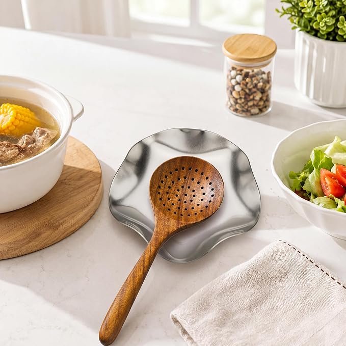 VanlonPro Stainless Steel Spoon Rest, Spatula Ladle Holder, Stainless Steel Utensil Spoon Rest Holder, Brushed Finish, Dishwasher Safe 5.9 Inch (Flower Silver 1PC) - Image 4