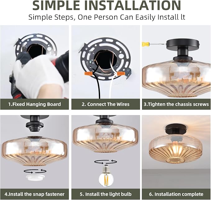 Semi Flush Mount Ceiling Light,11.8 inch Vintage Warm Amber Glass Ceiling Light Fixture,Living Room Lighting Fixtures Ceiling for Hallway Porch Bedroom Bathroom Dining room,E26 Base(Bulb Not Included) - Image 6