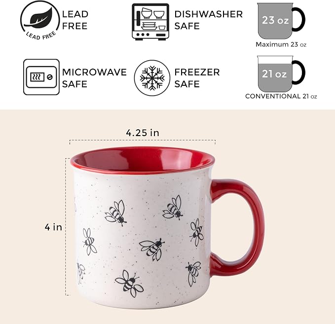 AmorArc 22 OZ Large Ceramic Coffee Mugs, Oversized Soup Cups With Big Handle for Men Women Dad Mom, Big Mug With Textured Bees Patterns for Office & Home -Microwave Safe, 2 Pcs-Red - Image 2