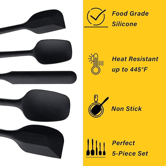 Silicone Spatula Set,5 Piece Food Grade Rubber Spatulas,Black | Spatulas Silicone Heat Resistant for Baking,Cooking,and Mixing High Heat Resistant Non Stick Dishwasher Safe BPA-Free - Image 3