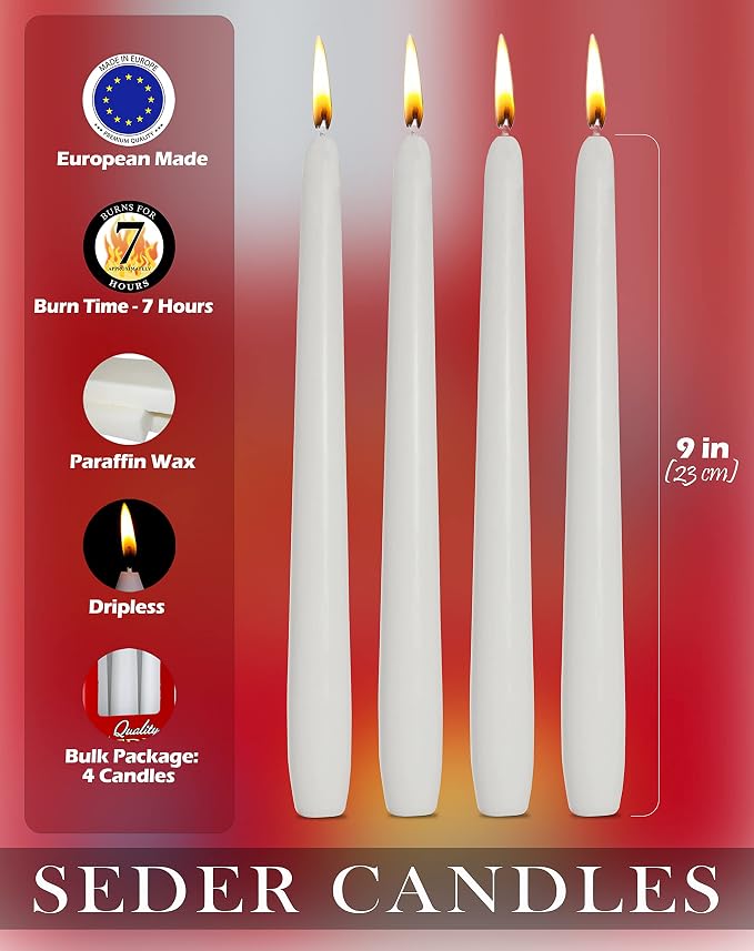 Ner Mitzvah Passover Seder Candles - 7 Hour Burn Time - European Made - Pack of 4 Taper Candles - Image 2