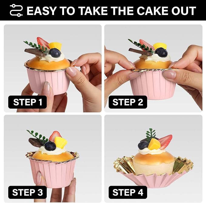EUSOAR Cupcake Liners, 50pcs 3.5oz Aluminum Foil Wrappers Muffin Cupcake Containers, Disposable Dessert Ramekins Paper Baking Cups Mini Cheesecakes Holders for Birthday Wedding Party-Pink/Gold - Image 4
