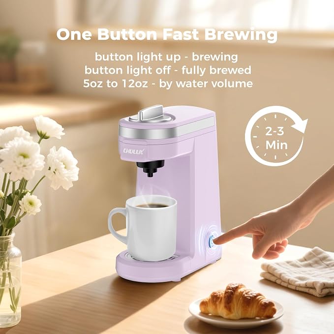 CHULUX Mini Single One Cup Coffee Maker for K Pod, Auto Shut Off, Lavender | Fast-Heating Boiler System, Single Cup Brewing, Portable Compact Design, Four-Hole Multi-Stream Needle, Adjustable Drip Tray - Image 4