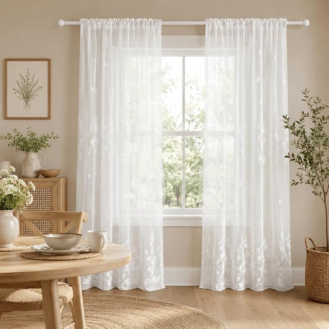 White Rod Pocket Sheer Curtains 96 inches Length, Embroidered Window Curtain Sheer Voile Panels for Living Room & Bedroom, 60x96, Two Panels - Image 2